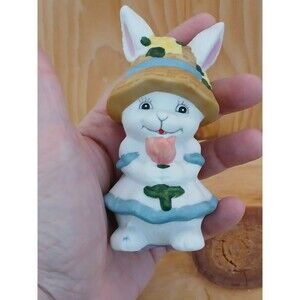Easter Bunny Rabbit Figurine Porcelain Anthropomorphic Holding Flower Decor Cute